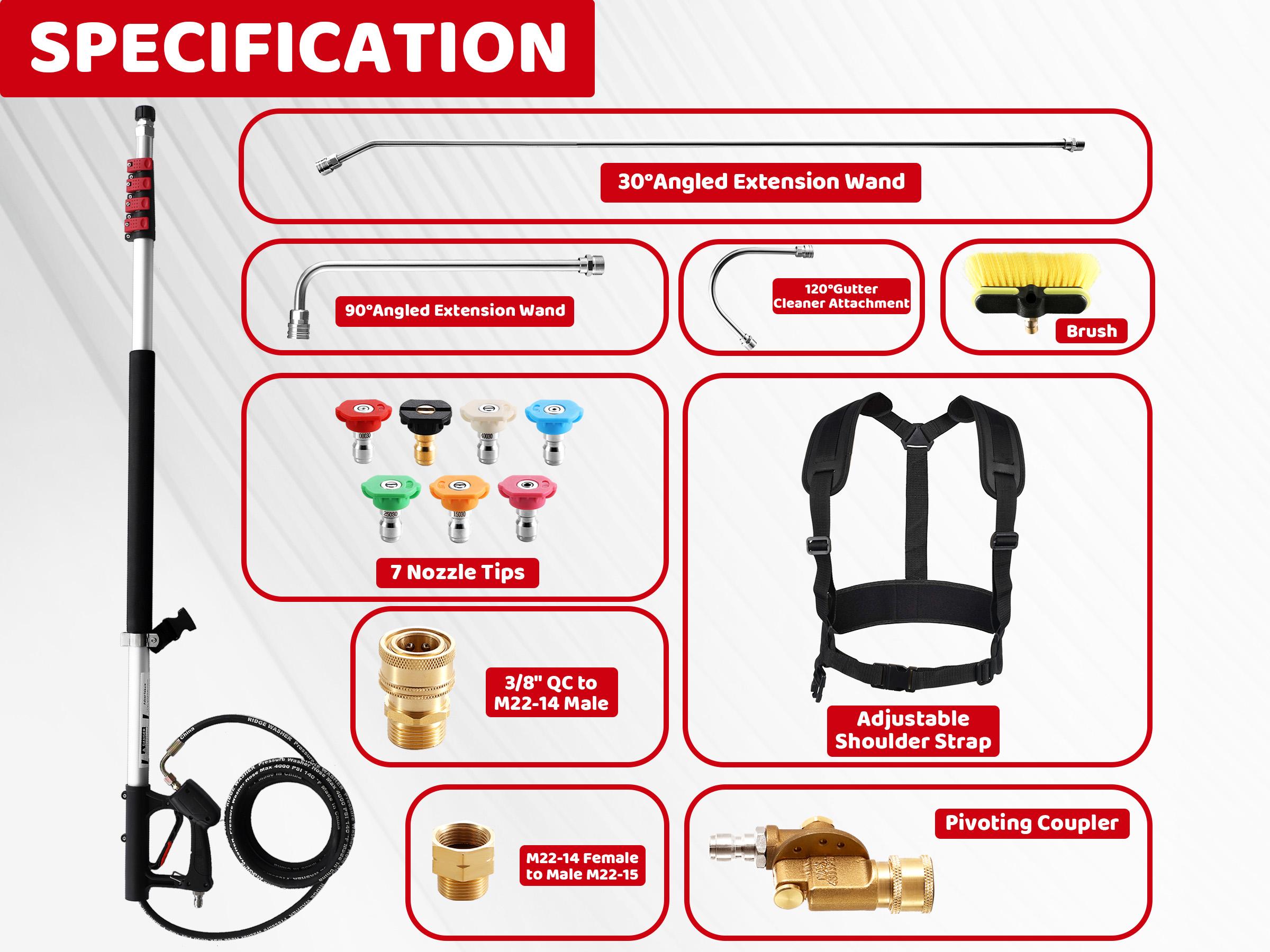 RIDGE WASHER 24 FT Telescoping Pressure Washer Wand with Brush,Telescopic Gutter Cleaner 3 Stainless Steel Curve Wands,Adjustable Belt,4000 PSI Heavy Duty Cleaning