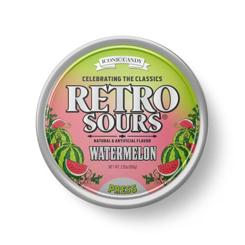 Retro Sours Watermelon Hard Candy, Tangy Sour Candy Gift Set, Vintage Retro Tins