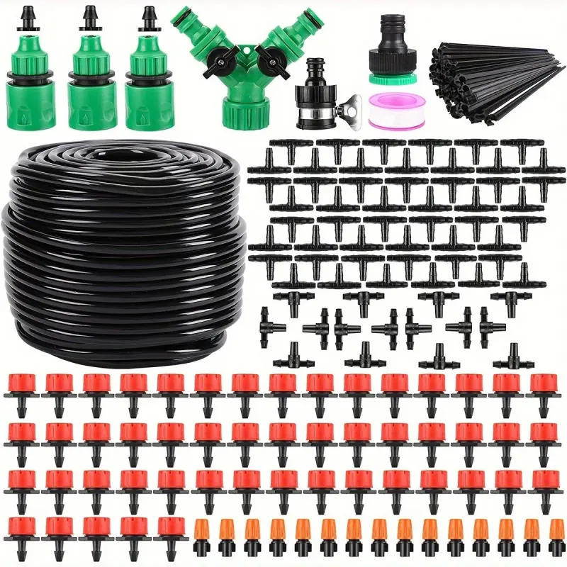 164ft 200pcs Drip Irrigation Kit, Garden Irrigation System 1/4" Blank Distribution Tubing Garden Hose Watering Drip Kit Automatic Irrigation Equipment for Garden Greenhouse, Flower Bed,Patio,Lawn, Adjustable Plant Watering System (164ft)