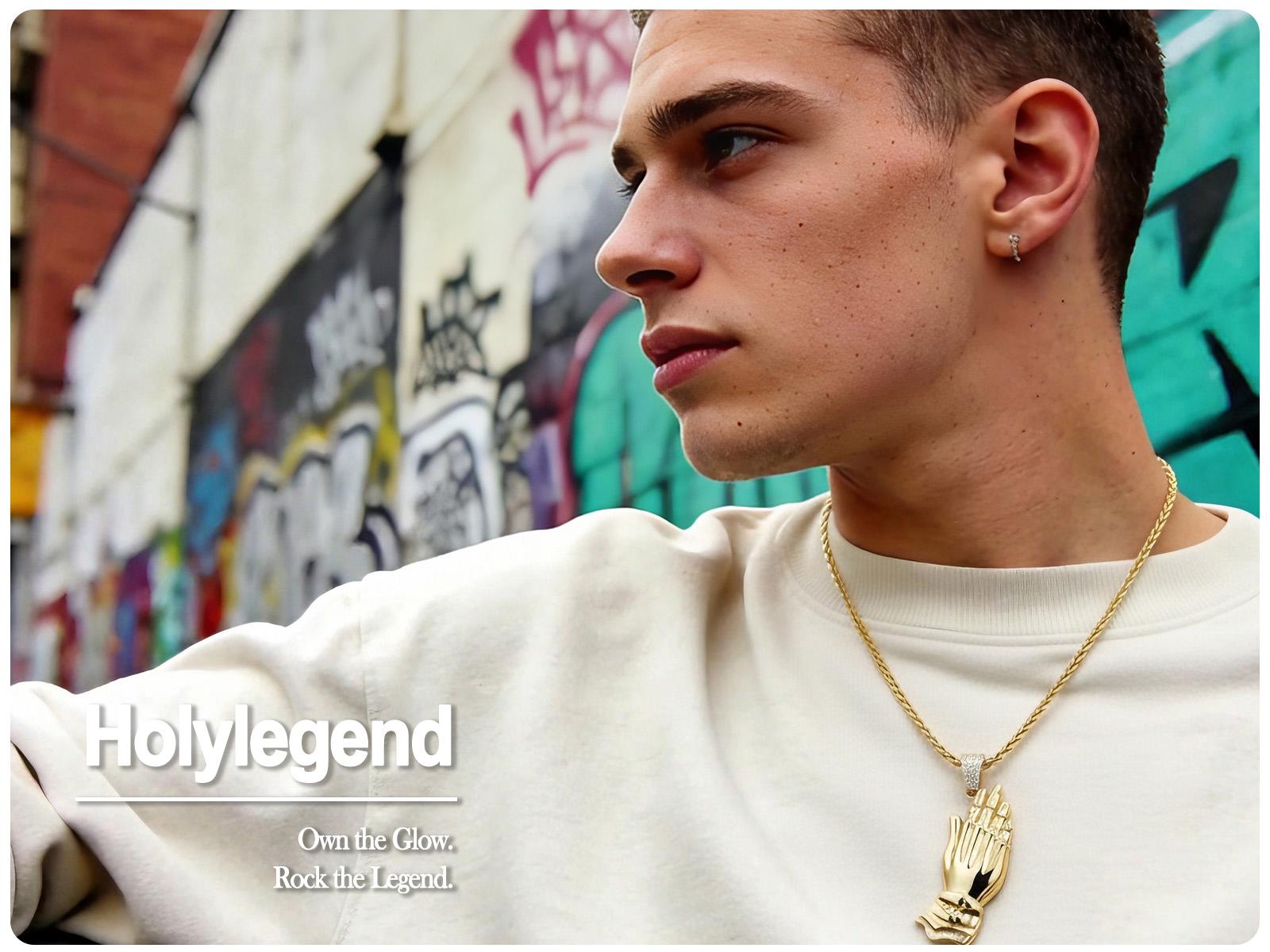 Holylegend 14K Real Gold-Plated Praying Hands Pendant Necklace for Men, 3D Carved Pendant with CZ Iced Bail, Gift-Ready Religious Jewelry