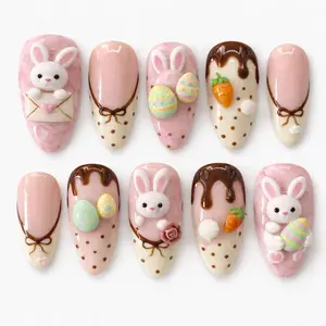 Easter Bunny Press On Nails, Cute 3D Rabbit Egg Spring Nails, Pastel Chocolate Drip Kawaii Nails, Handmade Easter Nail