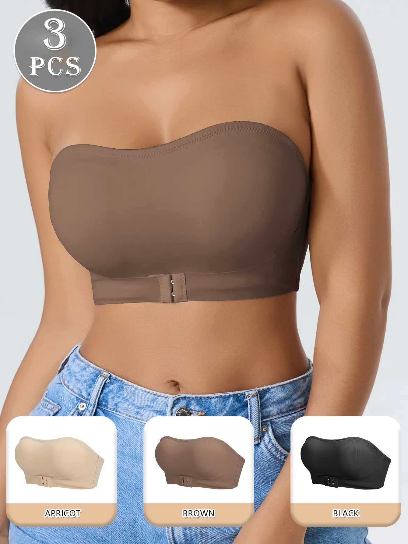 3-piece women's strapless front-buttoned bra with padded shoulder cups, anti-slip grip, wireless and comfortable underwear, providing seamless support for daily wear, suitable for various outfits, wireless support, comfortable seamless design