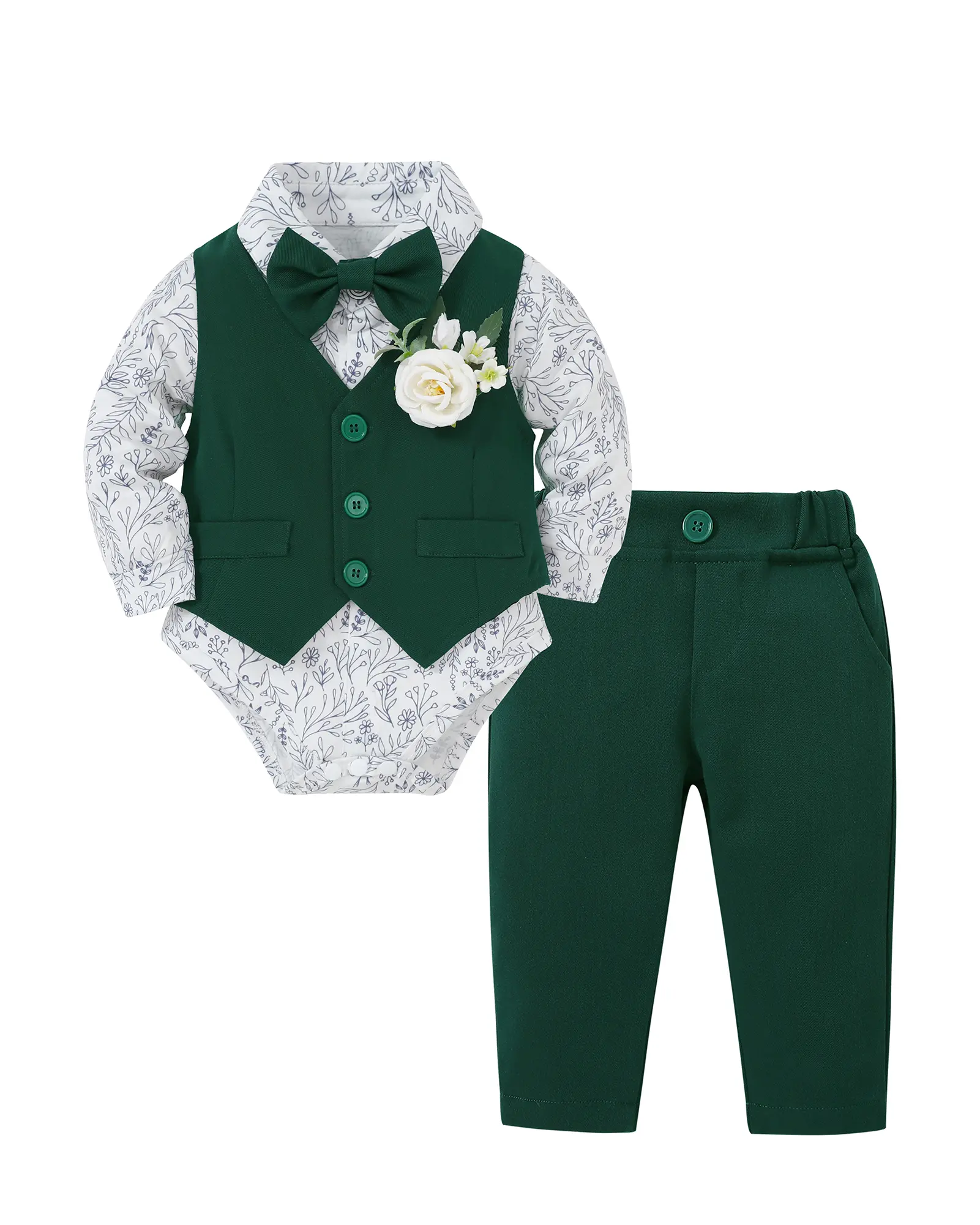 Baby Boy 5-Piece Gentleman Suit Set - Polka Dot Twist Collared Dress Shirt, Vest, Tie, Corsage, Straight Pants for Wedding, Easter (0-3 Months, 12-18 Months), Church