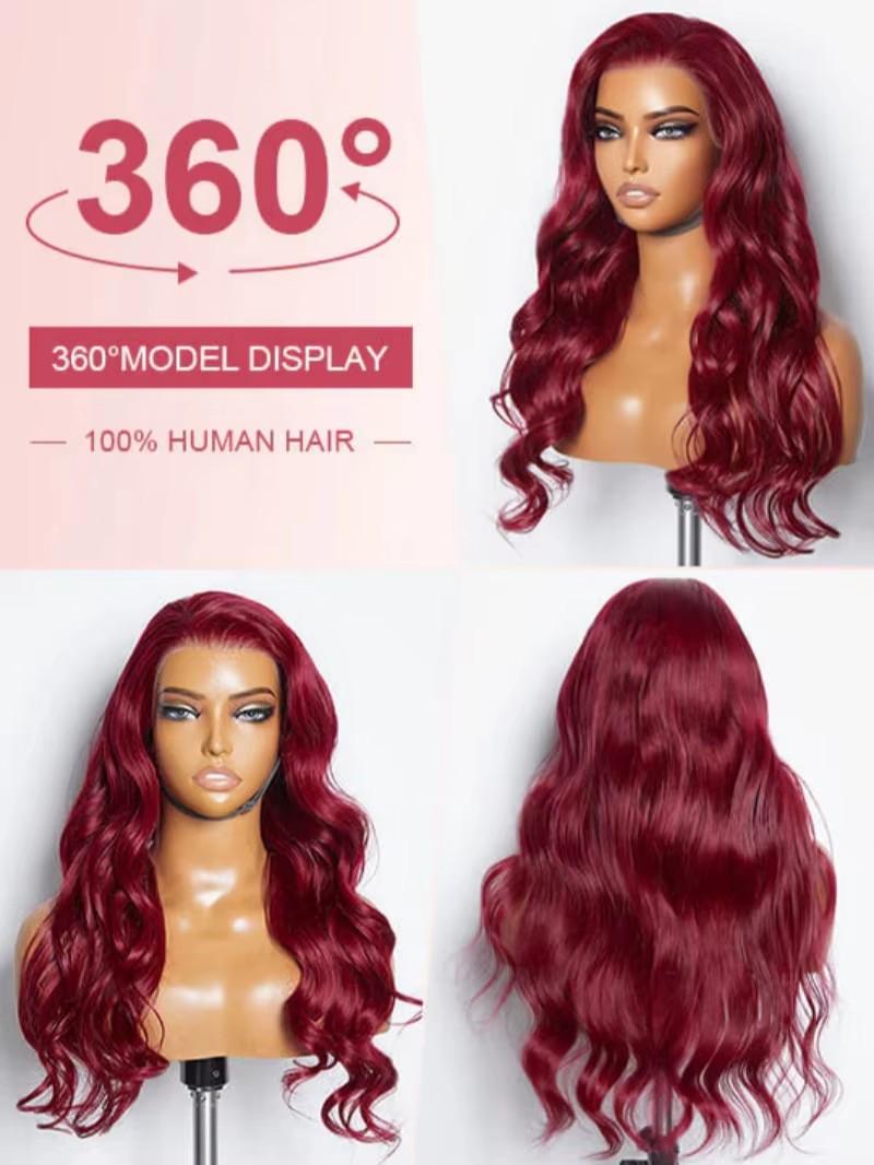 Tuneful 99j Burgundy Body Wave Hair Wig 13x6 HD Transparent Lace Front Wigs Human Hair 32Inch Burgundy Wig Human Hair 180% Density Brazilian Virgin Straight Human Hair Wigs for Women
