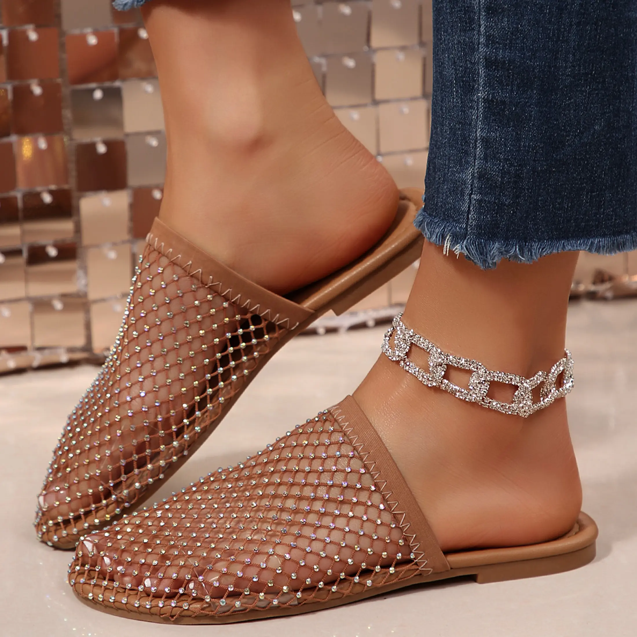 Women Ultra Comfortable Mesh Flats Breathable Fishnet Sandals Low Heel Rhinestone Shoes Shiny Sparkle Hollow Out Slip on Flat Slippers Springfresh