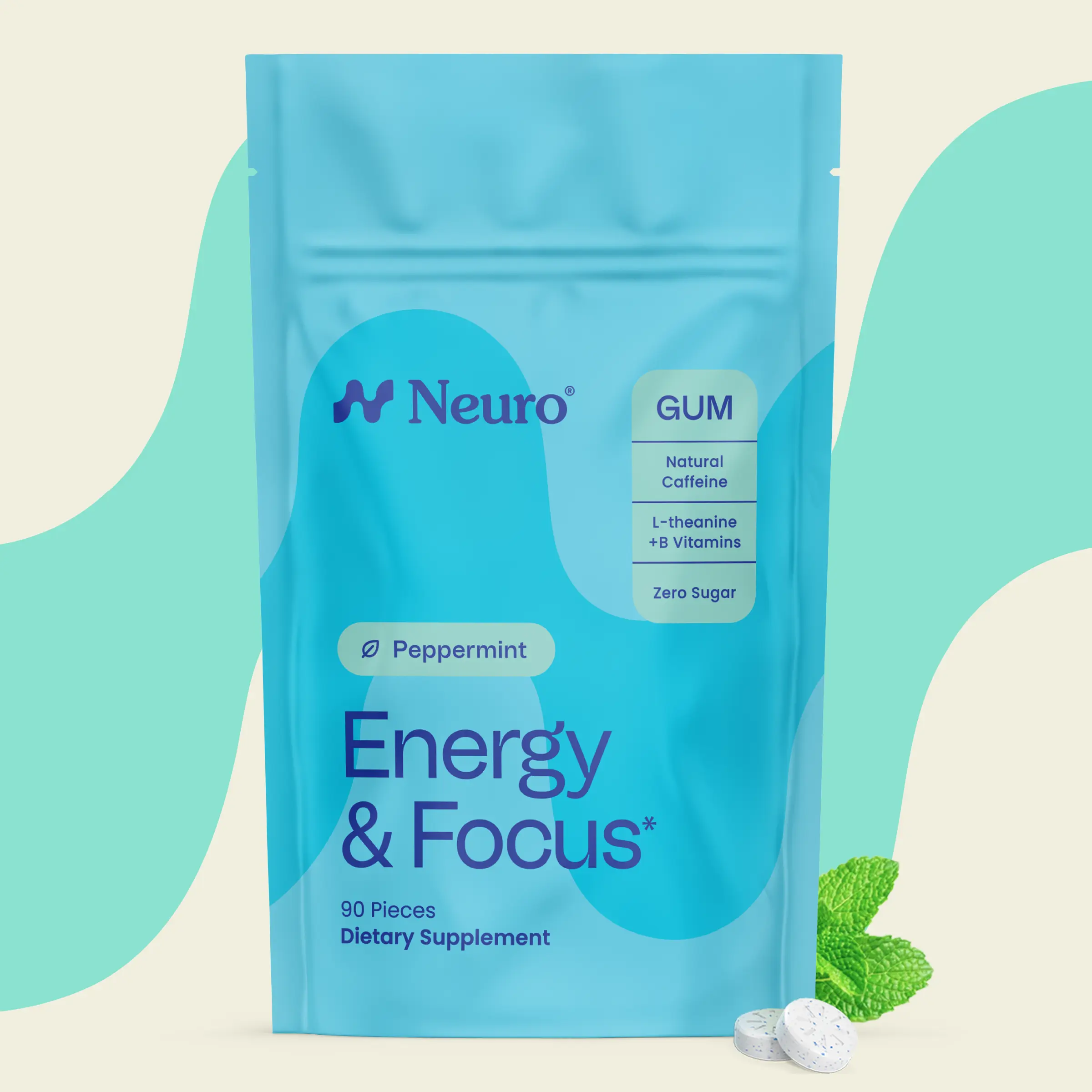 Neuro Peppermint Energy & Focus Gum/Mints (90 Pieces) - Sugar Free with Natural Caffeine, L-theanine, Vitamin B12 & Vitamin B6