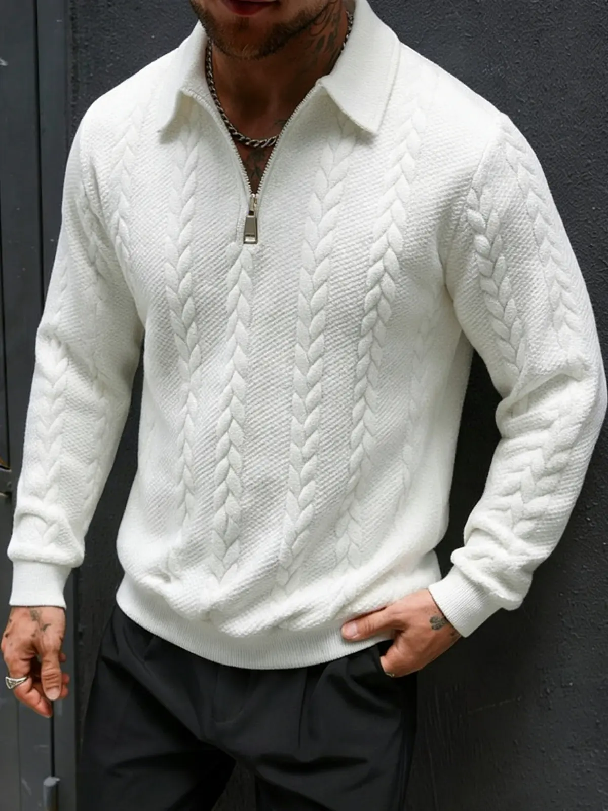 Men's Retro Half-Zip Ribbed Knit Athletic Long Sweatshirt Tops - Stretchy, Soft, Breathable, Stylish Textured Pattern, Ribbed Hem, Windproof Fit, Ideal for Casual Wear, Fall-Winter Layering