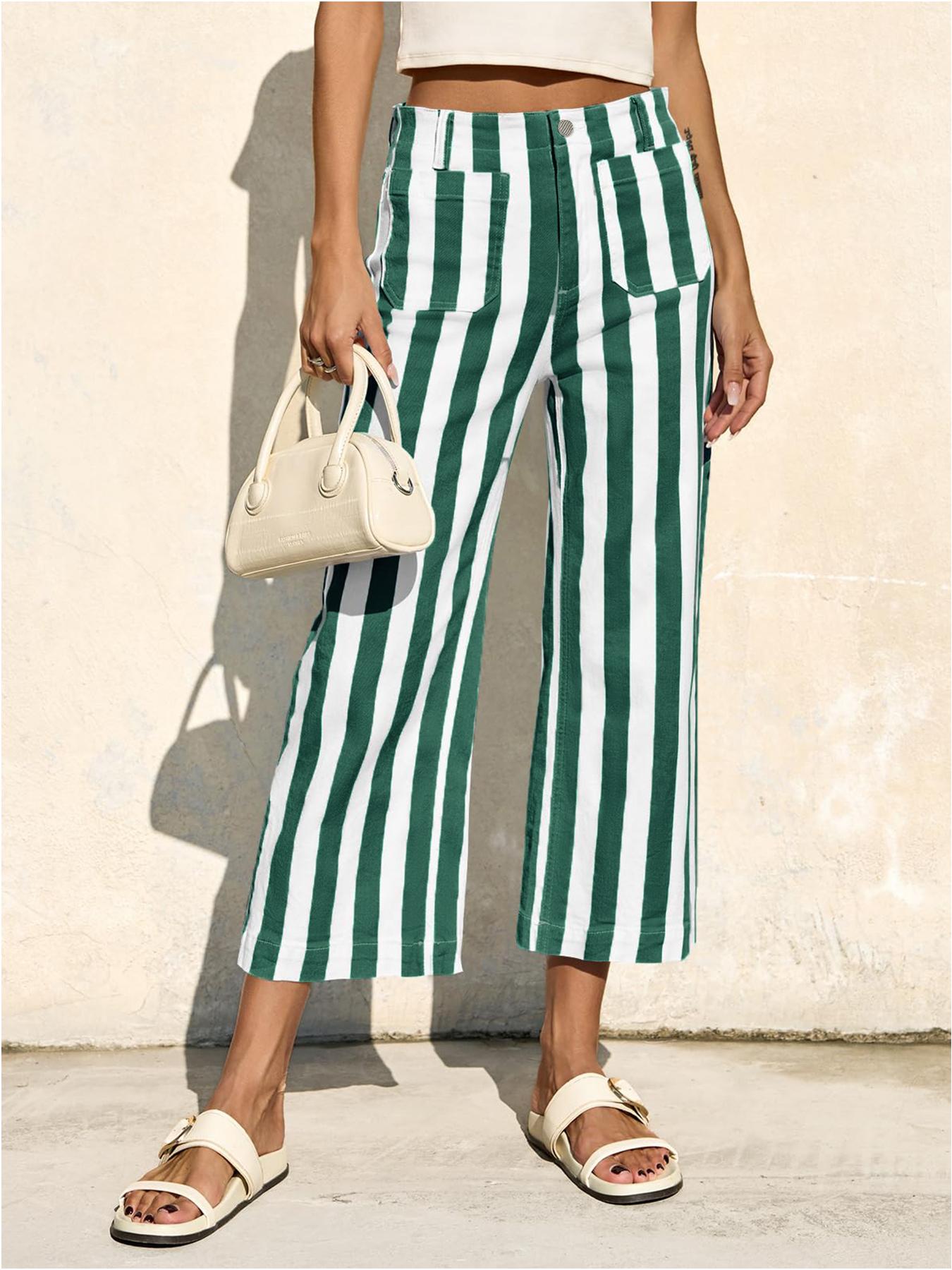 Aswulk Womens Cropped Striped Jeans Casual High Waisted Stretchy Straight Leg Denim Pants with Pockets