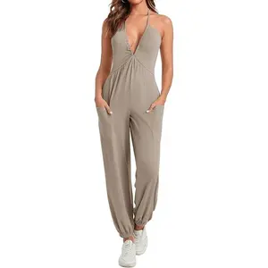 Cicy Bell Women's Sexy Halter Jumpsuits Casual Deep V Neck Beach Jogger Long Pants Rompers Womenswear Overalls Fitted Minimalist Jumper Trouser