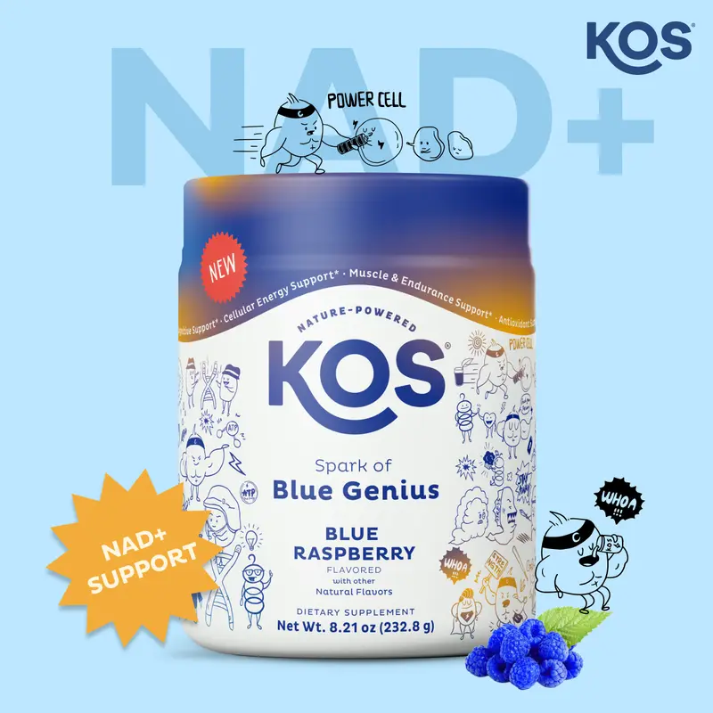 KOS NAD+ Blue Genius - & Cellular Energy Supplement with NMN, RiaGev, 4CreaVida, Alpha GPC for Healthy Aging, Blue Raspberry, 8.21 oz