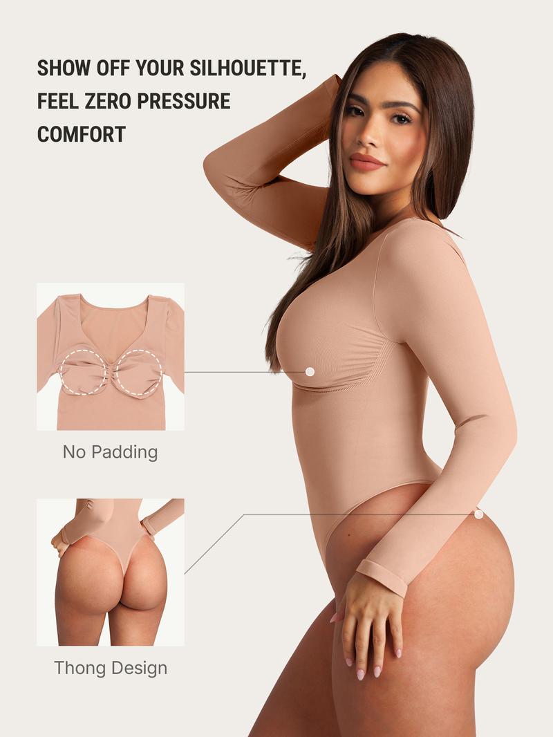 FeelinGirl Womenswear Seamless Long Sleeve Thong Bodysuit for Tummy Control V Neck Going Out Fabric Comfortable Springtok Casual Breathable