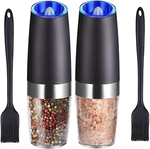 Gravity Electric Salt and Pepper Grinder Set, Battery Operated, Automatic Salt and Pepper Mills with Blue Light(Black, 2pcs/Pack), Adjustable Coarseness,One Handed Operation,Cleaning Brush