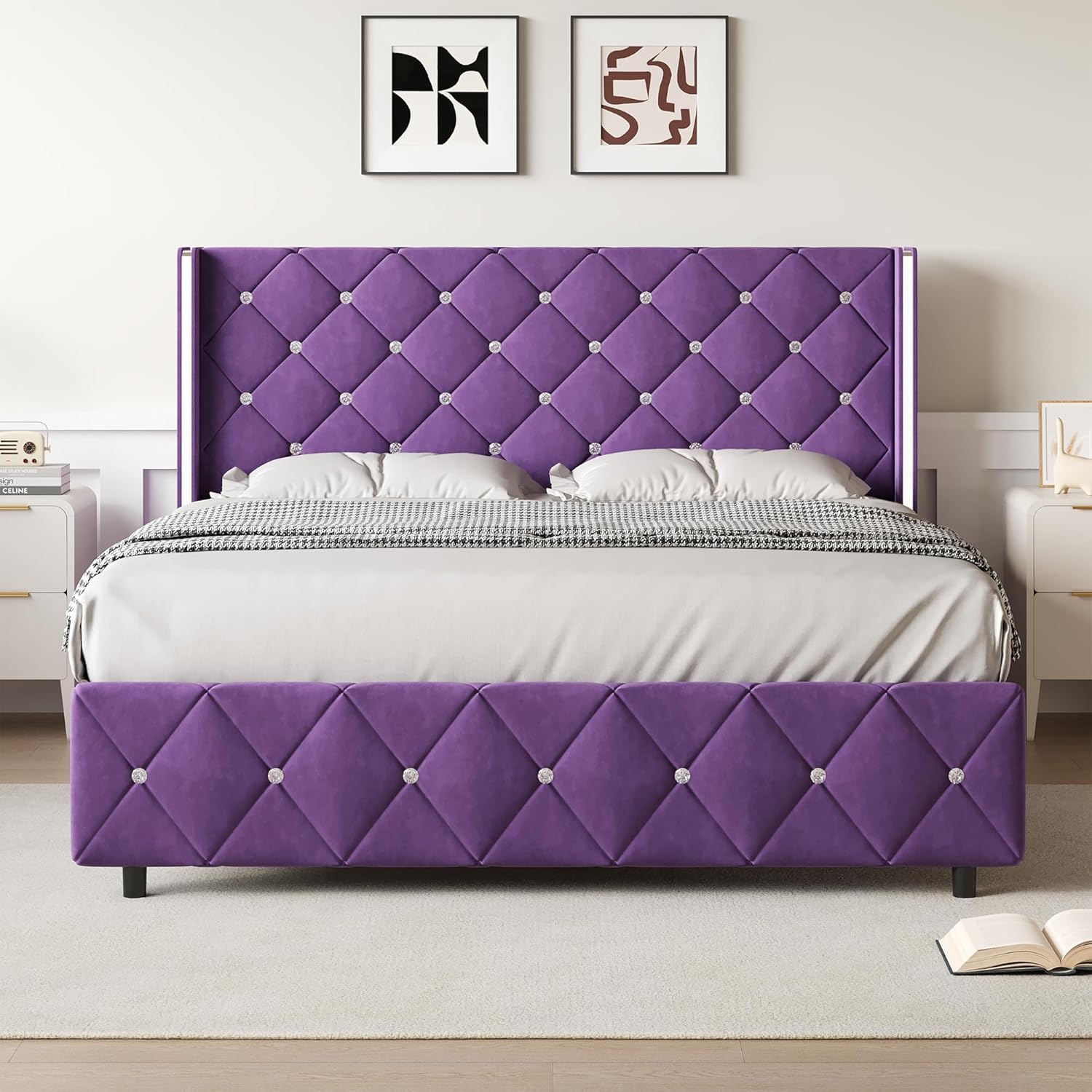HOMBCK Bed Frame, No Mattress, Upholstered Platform Bed Frame with Wingback Diamond Tufted Headboard