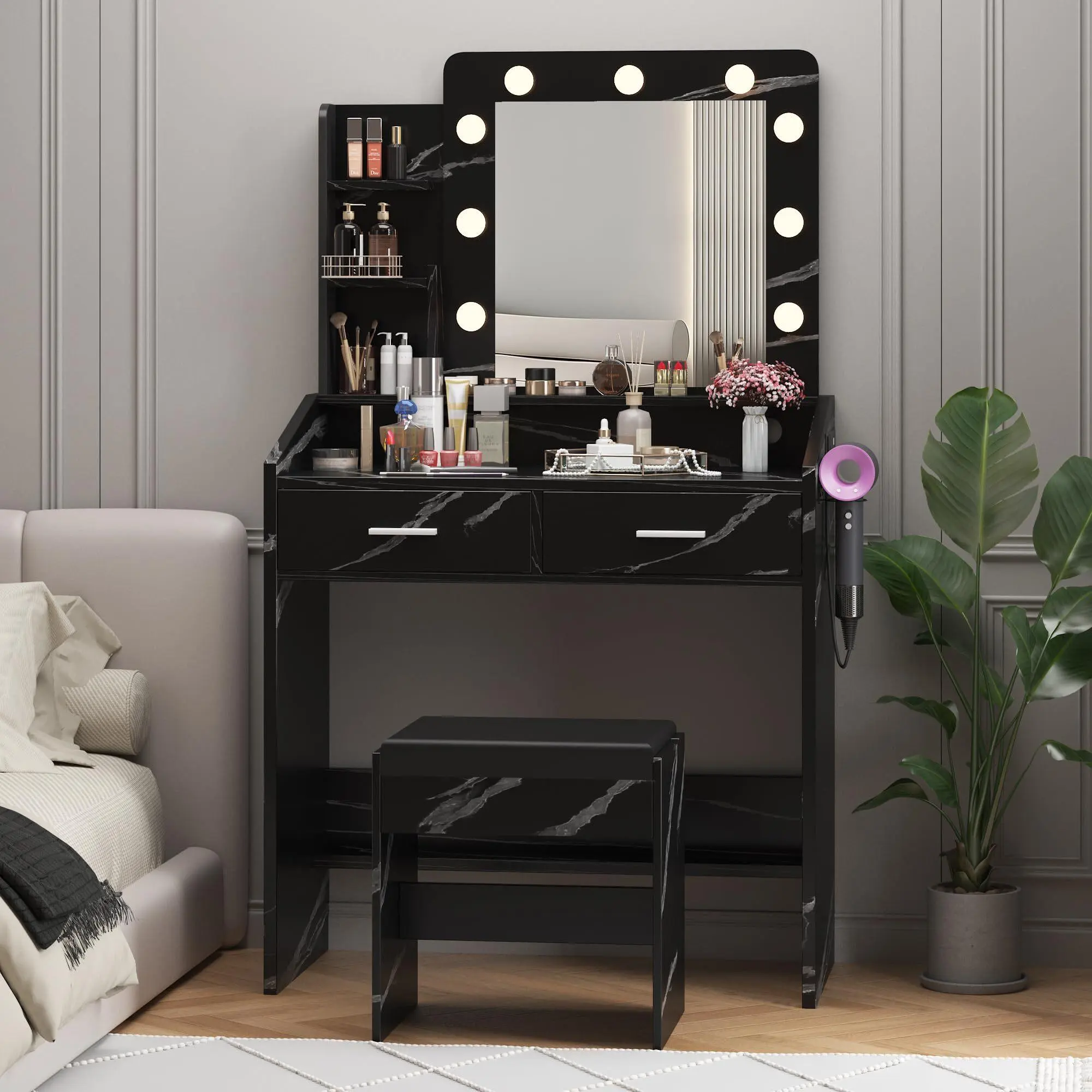 Gaomon Small Black Vanity Makeup Desk - Indoor-Outdoor Bedroom Furniture with 2-Drawer Storage, 3 Open Shelves, Adjustable 3-Mode Lights, Included Mirror, Built-In Power Outlet, Upholstered Chair Complement