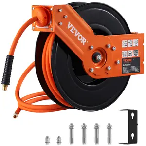 3/8" x 50' Hybrid Air Hose Max 300PSI, Retractable Air Hose Reel with 5' Lead-in, Ceiling/Wall Mount, Heavy Duty Single Arm Steel Reel & Enclosed Air Reel with 180° Swivel Mount