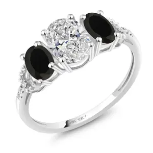 Gem Stone King 10K White Gold IGI Certified Lab Grown Diamond and Black Onyx 3-Stone Engagement Ring | 1.82 Cttw | Center Oval Diamond 1.00 Ct | D-E Color | VS1-VS2 Clarity