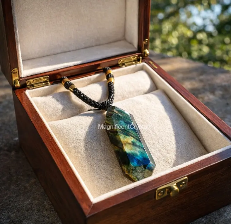 Healing Labradorite Crystal Hexagonal Point Pendant, Spiritual Talisman Crystal Jewelry Reiki Amulet Necklace, Spiritual Pendant