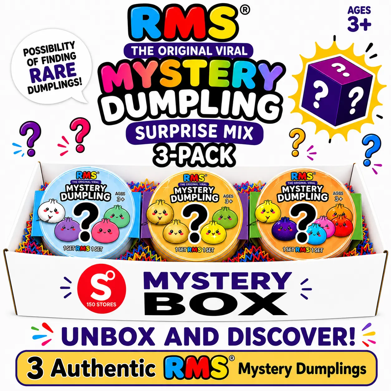 Authentic RMS Mystery Dumpling Squishy Surprise Mix 3-Pack – Original Dumpling Squishy Fidget Toys in sealed Steamer Baskets, Random Assortment, Editions & Styles May Vary, Duplicates Possible, Rare Dumplings possible, Ages 3+