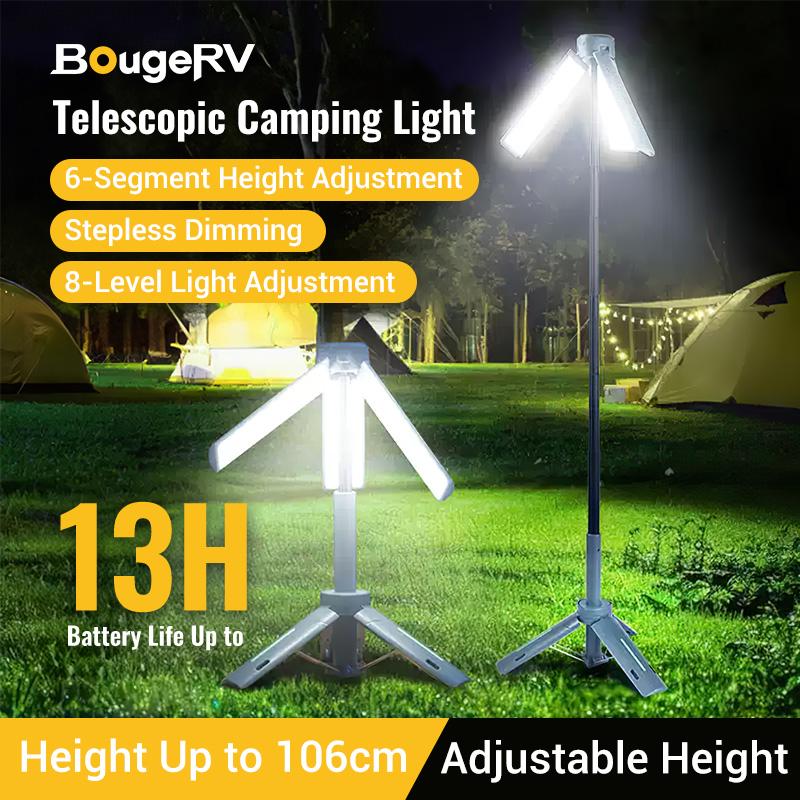 【BougeRV 8000mAh Camping Light】 Adjustable Stand 3.4 ft 1800 Lumen Cordless Work Light 3 Adjustable Heads Dimmable Emergency Flashlight Telescopic Tripod for Garage Outdoor Gift