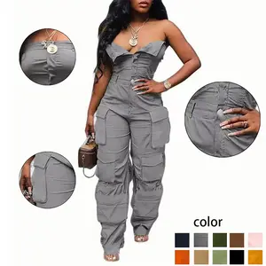 Fashion strapless denim work pants overall fashion - high waisted, multi pocket, and avant-garde street style women's elegant jumpsuit women's set basic gray minimalist sleeveless