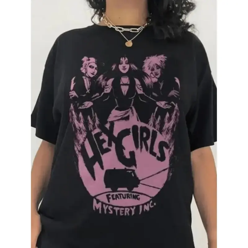 Women's Vintage Hex Girl Rock Band Graphic Top - Lady's Soft Black Cotton Round Neck T-Shirt with Pink Flame, Monster Design for Casual Wear, Streetwear, Concerts