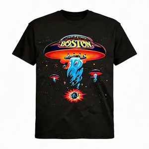 Boston Band T-Shirt 100% Cotton Poster Shirt Spaceship Rock Band Design Men's & Women's Black Golf Gift Tee