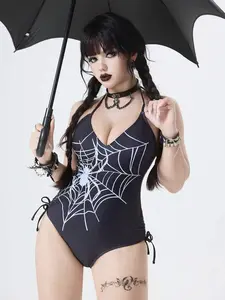 Gothic Sexy Versatile Exquisite Mysterious Chic High Contrast Black + White Spider + Spider Web Print Halter V-Neck Side Drawstring Adjustable One-Piece Swimsuit, Can Be Worn As Layering Or Standalone Piece For Holidays, Parties, Vacations Goth Swi