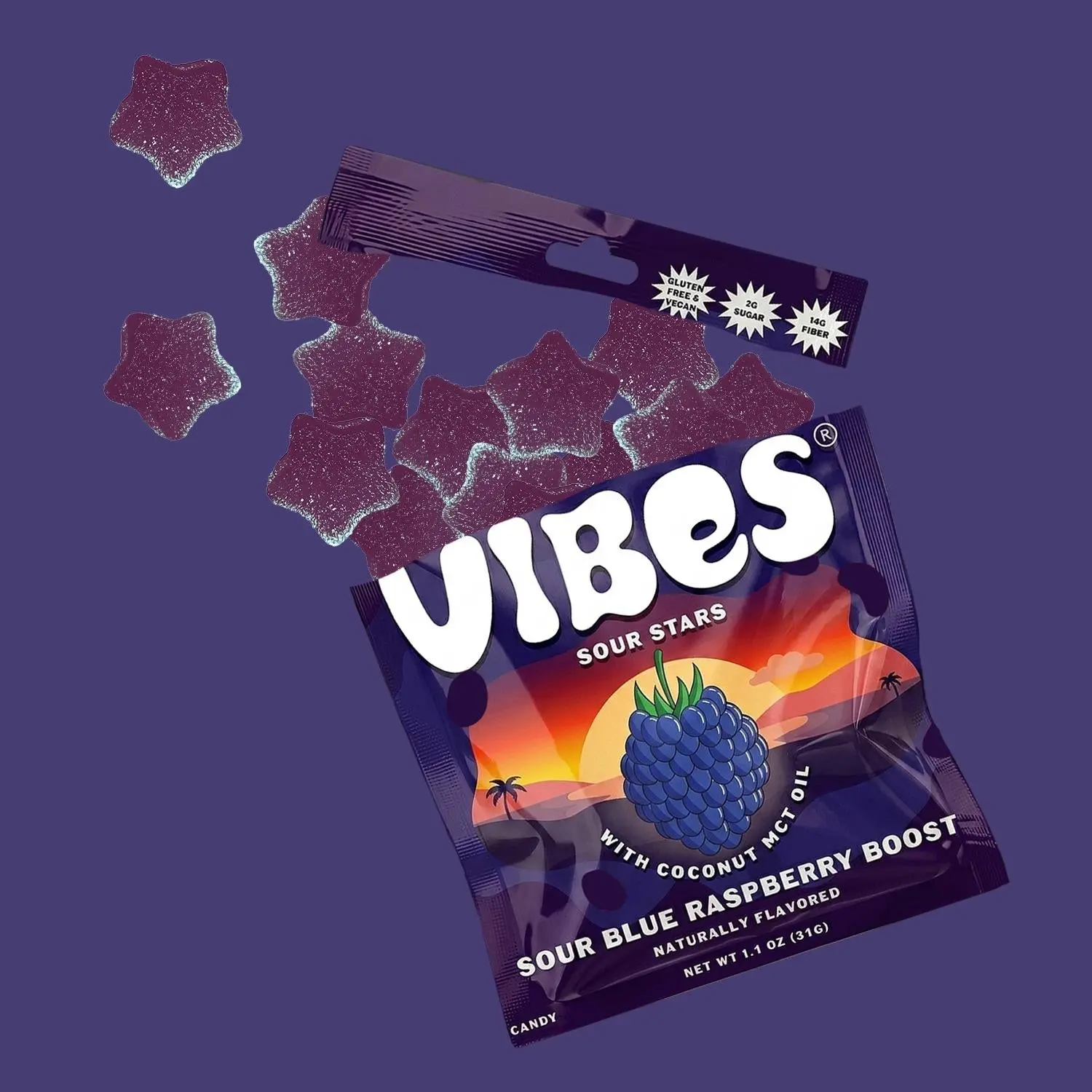 Vibes Candy Sour Blue Raspberry Boost Fruity Stars | 6-Pack Gummy Candy | Sweet, Sour, Chewy Snack | Vegan, Gluten-Free, Low Sugar, High Fiber