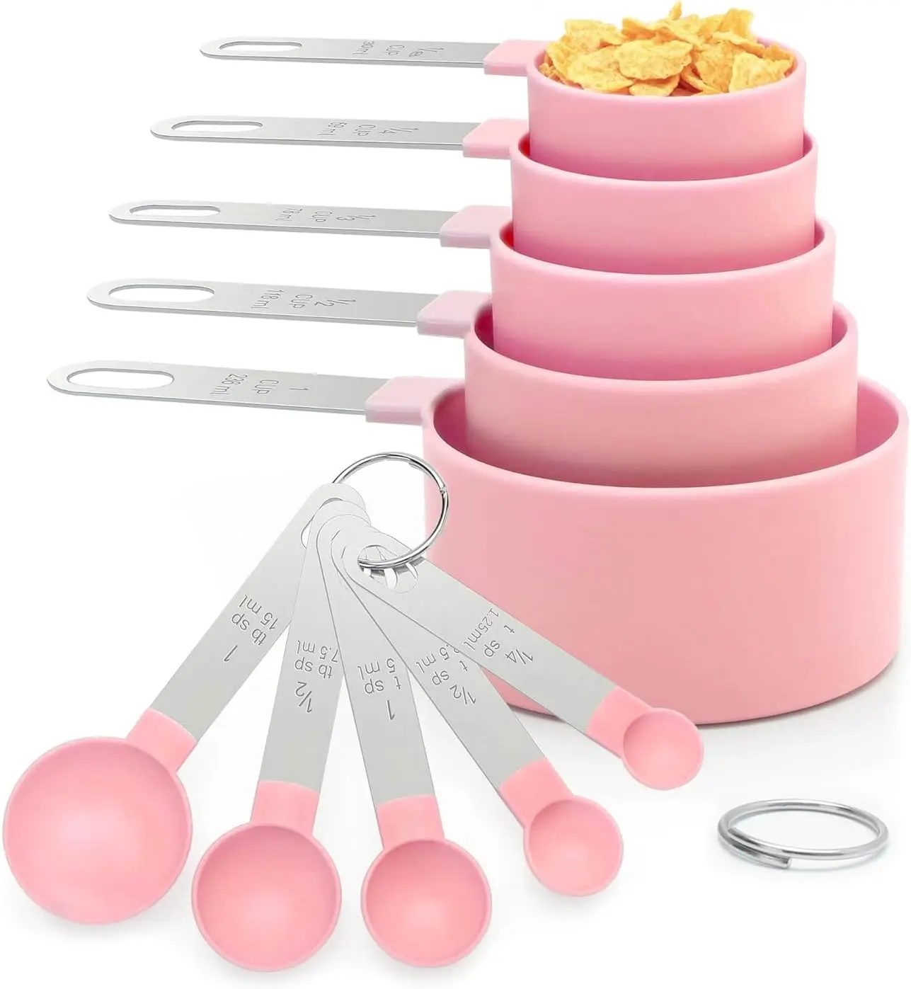 Sturdy Plastic Measuring Cups and Spoons Set - 10-Piece Stackable Kitchen Utensils with Stainless Steel Handles for Cooking & Baking (Pink)