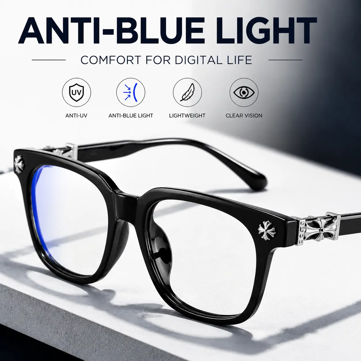 Men's Accessories Fashion Eyewear - Stylish Square Glasses Frames, Plain Flat Lens, Anti-Blue Light Metal Frame, Versatile Casual All-Season Glasses