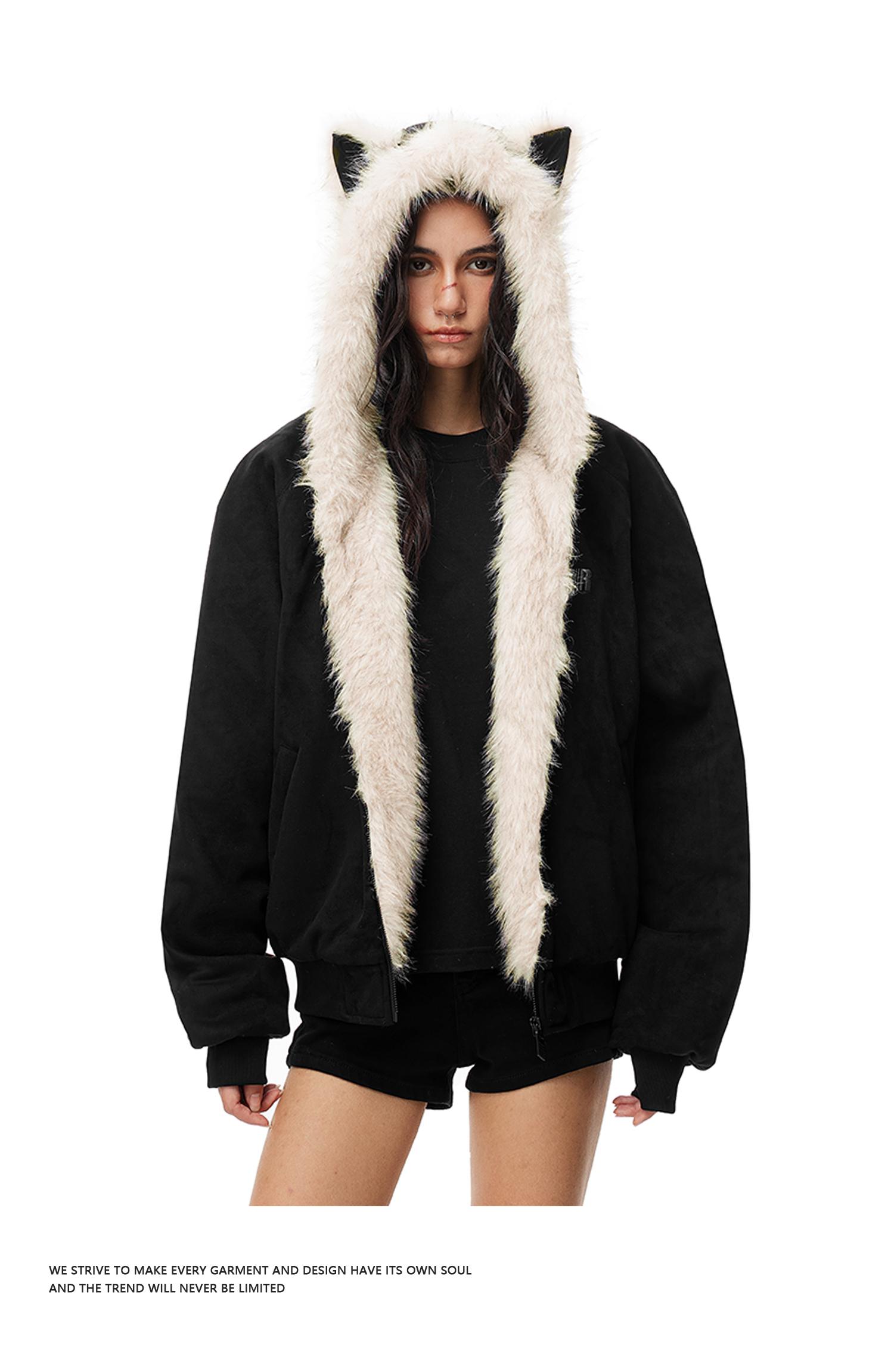 FDR Oversized Faux Suede Cozy Jacket with Cat Ears & Leopard Print Soft Warm Faux Fur Lining Unisex  Womenswear Sweatshirts Fall Fashion Coat Winter Outfits