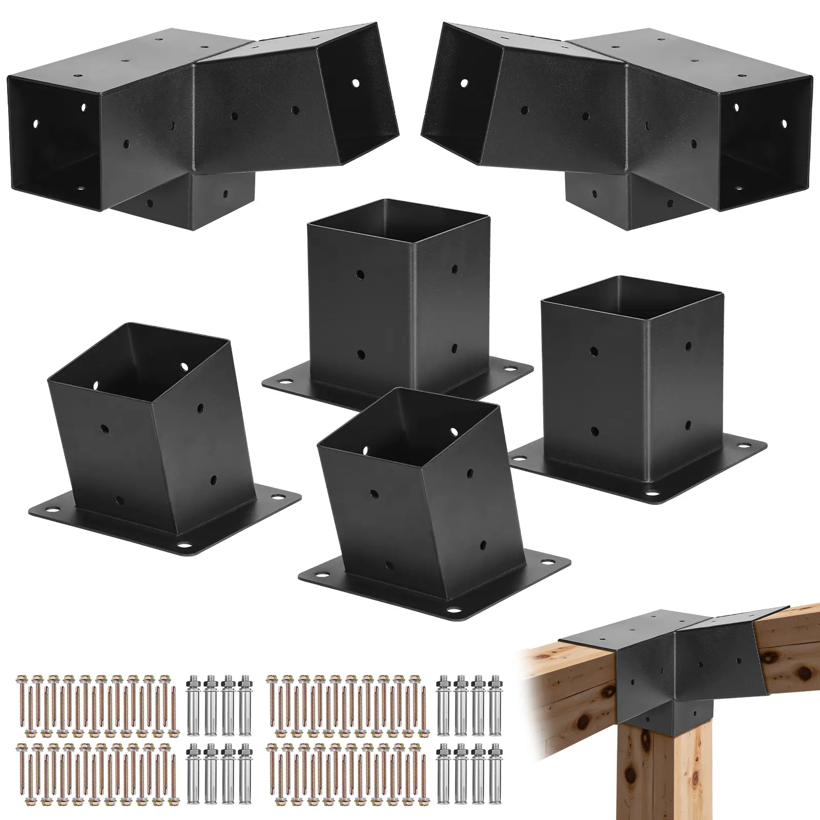 【Summerfinds】VEVOR Carbon Steel Pergola Bracket Kit, 4x4 Inch 3-Way Slanted Brackets for 3.5x3.5 Inch Actual Size Wood Beams, 2 Post Bases, 2 Wall Mount Bases, Heavy Duty Bolts, Stainless Steel Screws, Sturdy Outdoor Support for Pergolas, Gazebos, Sheds,,
