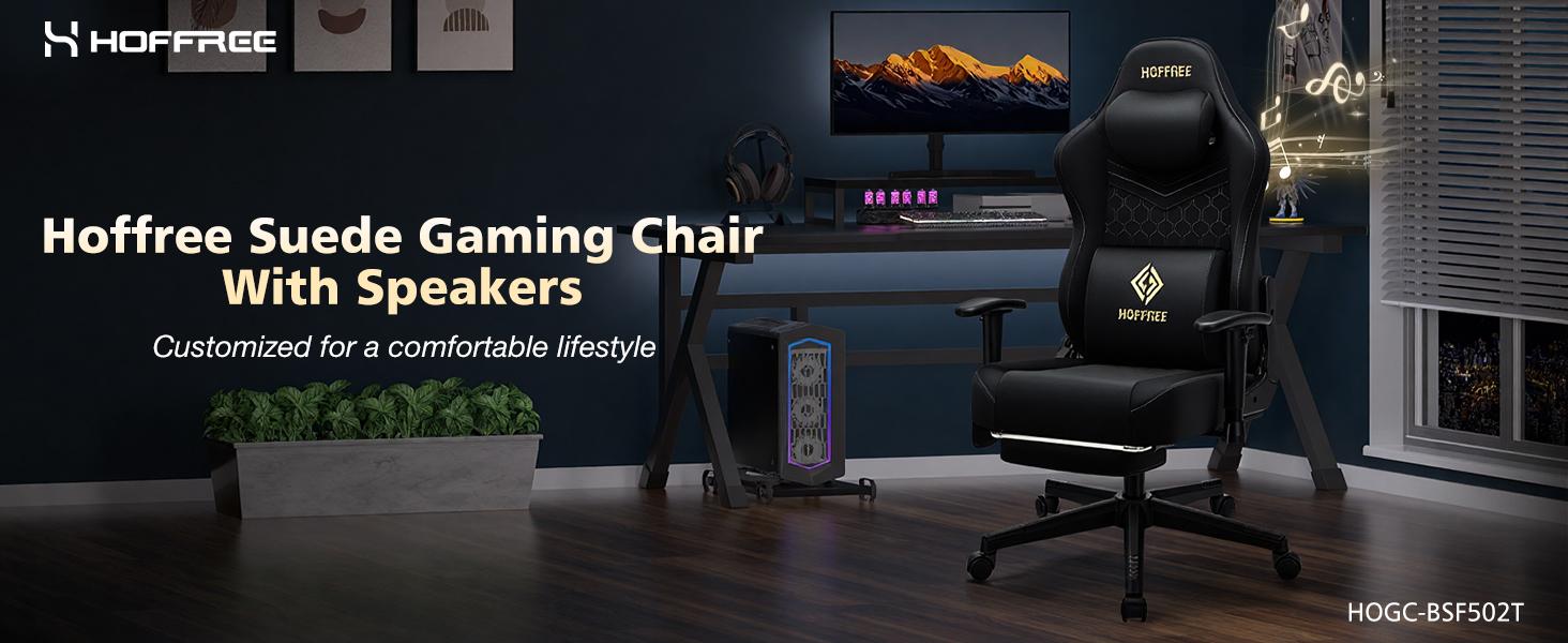 HOFFREE Gaming Chair Suede Fabric with Speakers Massage Gaming Chairs with Pocket Spring Cushion 165° Reclining Game Chairs for Adults Ergonomic Computer Chair for Gaming Office Black