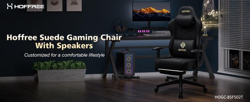 HOFFREE Gaming Chair Suede Fabric with Speakers Massage Gaming Chairs with Pocket Spring Cushion 165° Reclining Game Chairs for Adults Ergonomic Computer Chair for Gaming Office Black