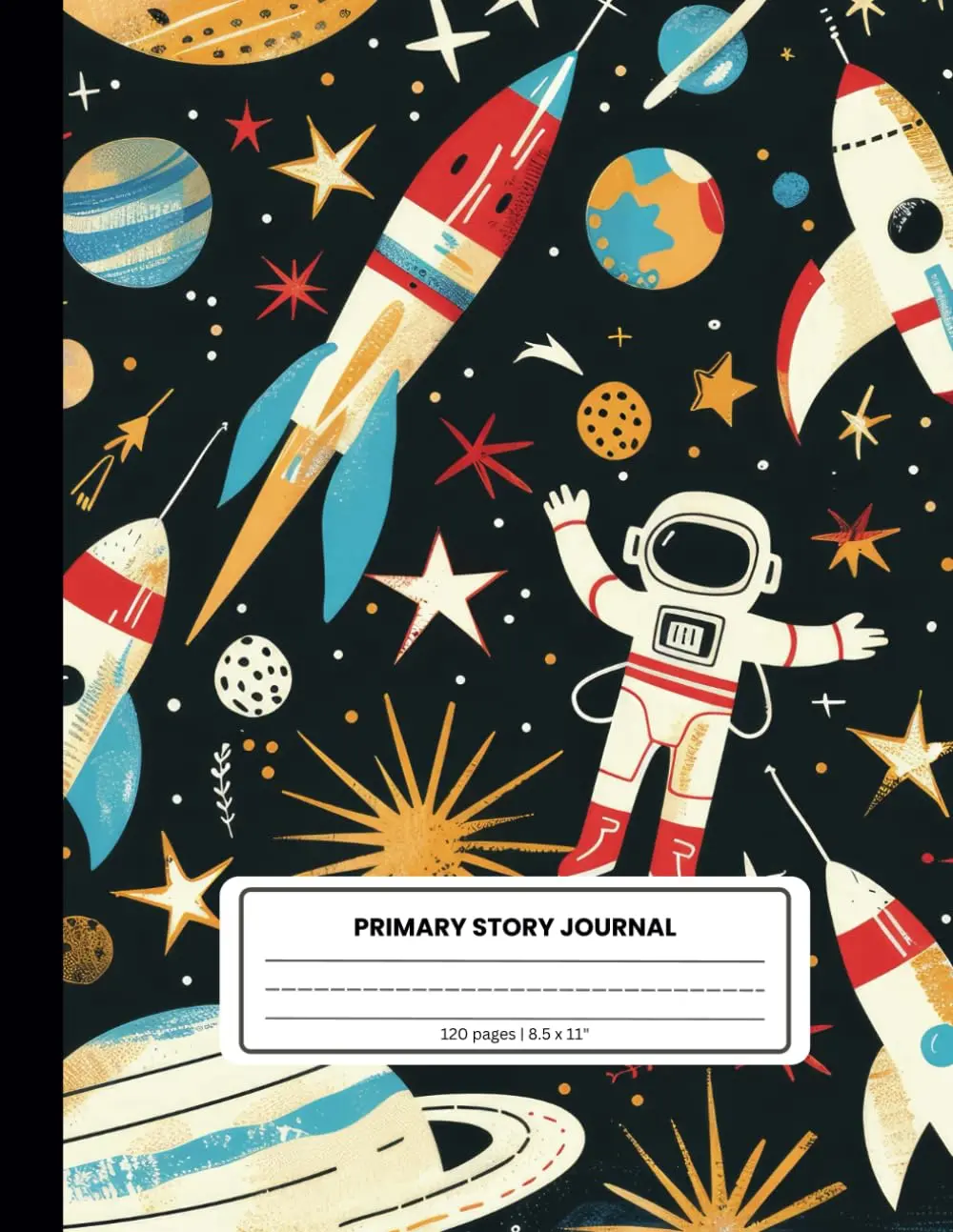 Primary Story Journal for Kids: Retro Space Pattern Cover | 120 Pages | 8.5 x 11Inches | Handwriting Practice and Drawing Journal: Perfect for Early Learners