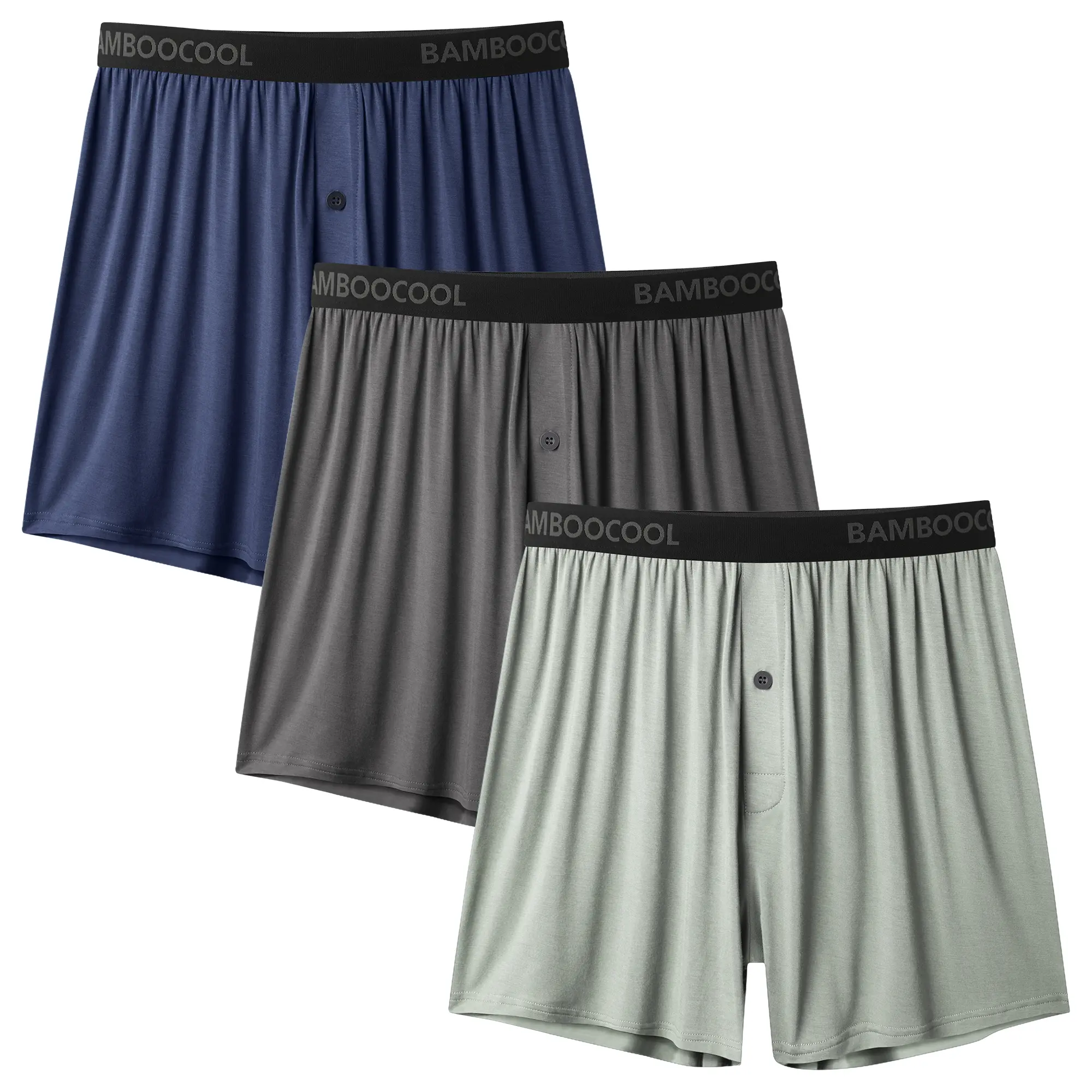 BAMBOO COOL Men's 3-Pack Classic Knit Boxer Shorts - Menswear Clothes, Loose Fit Plain Casual Underwear, Soft Breathable Fabric, Button Fly, Tagless Waistband, Elastic Stretchy Design