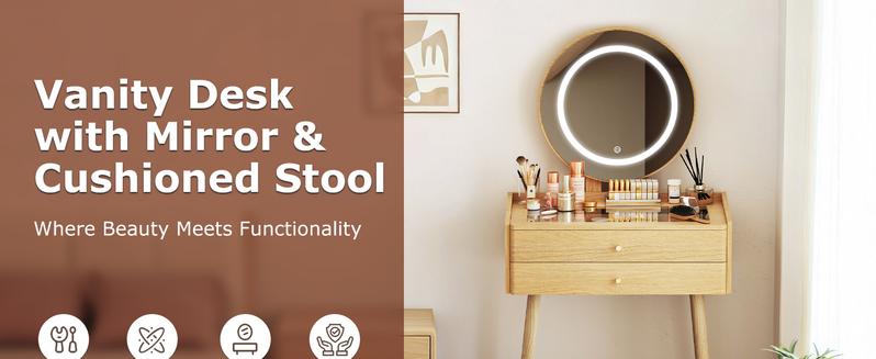 Small Wood Vanity Desk with Mirror & Lights Space-Saving Makeup Table with Drawers Adjustable Brightness Elegant Functional Vanity for Narrow Spaces