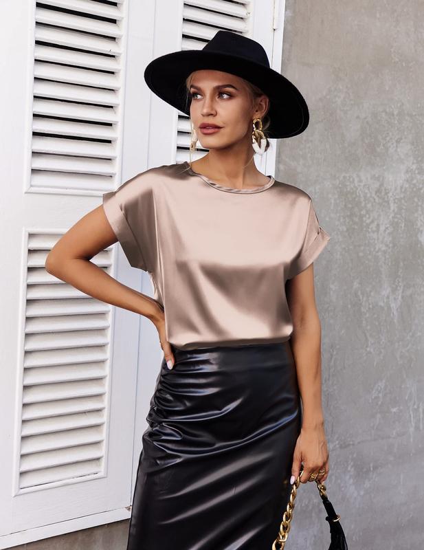 2 Pieces Sets Women's Short Sleeve Pullover Blouses Satin Silk Shirts Casual Loose Work Tunic Tops 2 Pieces Sets Women's Short Sleeve Pullover Blouses Satin Silk Shirts Casual Loose Work Tunic Tops