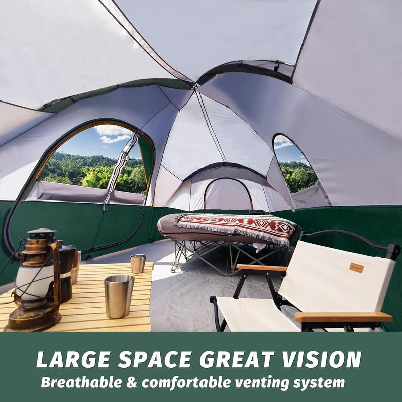 Camping Tent 10-Person-Family Tents, Parties, Music Festival Tent, Big, Easy Up, 5 Large Mesh Windows, Double Layer, 2 Room, Waterproof, Weather Resistant, 18ft x 9ft x78in