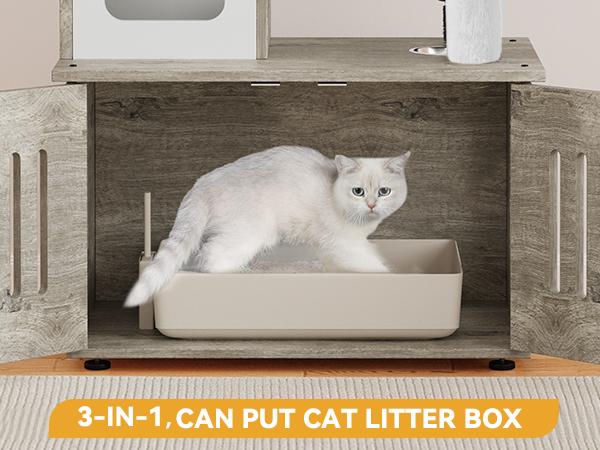 Yitahome Cat Tree with Litter Box Enclosure, 2-in-1 Cat Furniture, Modern Cat Condo, Indoor Pet Tower with Food Station, Hammocks, Hair Brush