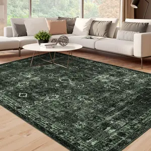 Garvee Washable 9x12 Dark Green Vintage Floral Area Rug - Large Boho Non-Slip Foldable Carpet, Super Soft Thin Printed Indoor Accent Rug for Living Room, Dining Room, Bedroom, Office