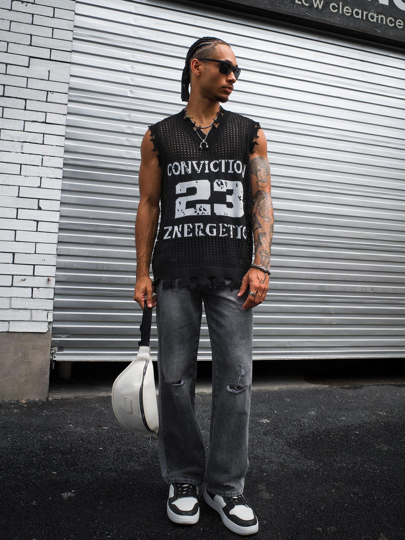 HYPESTFIT Men's Number Sleeveless Knit Top Distressed V-Neck Open-Knit Tank Loose Fit Army Green Fashion Knitwear