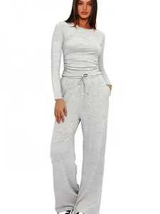 2026 New Arrival Women's 2 Piece Matching Loungewear Set, Long Sleeve Slightly Crop Top & Wide Leg Drawstring Pants, Soft Casual Sweatsuit for Daily Lounge and Comfortable Wear