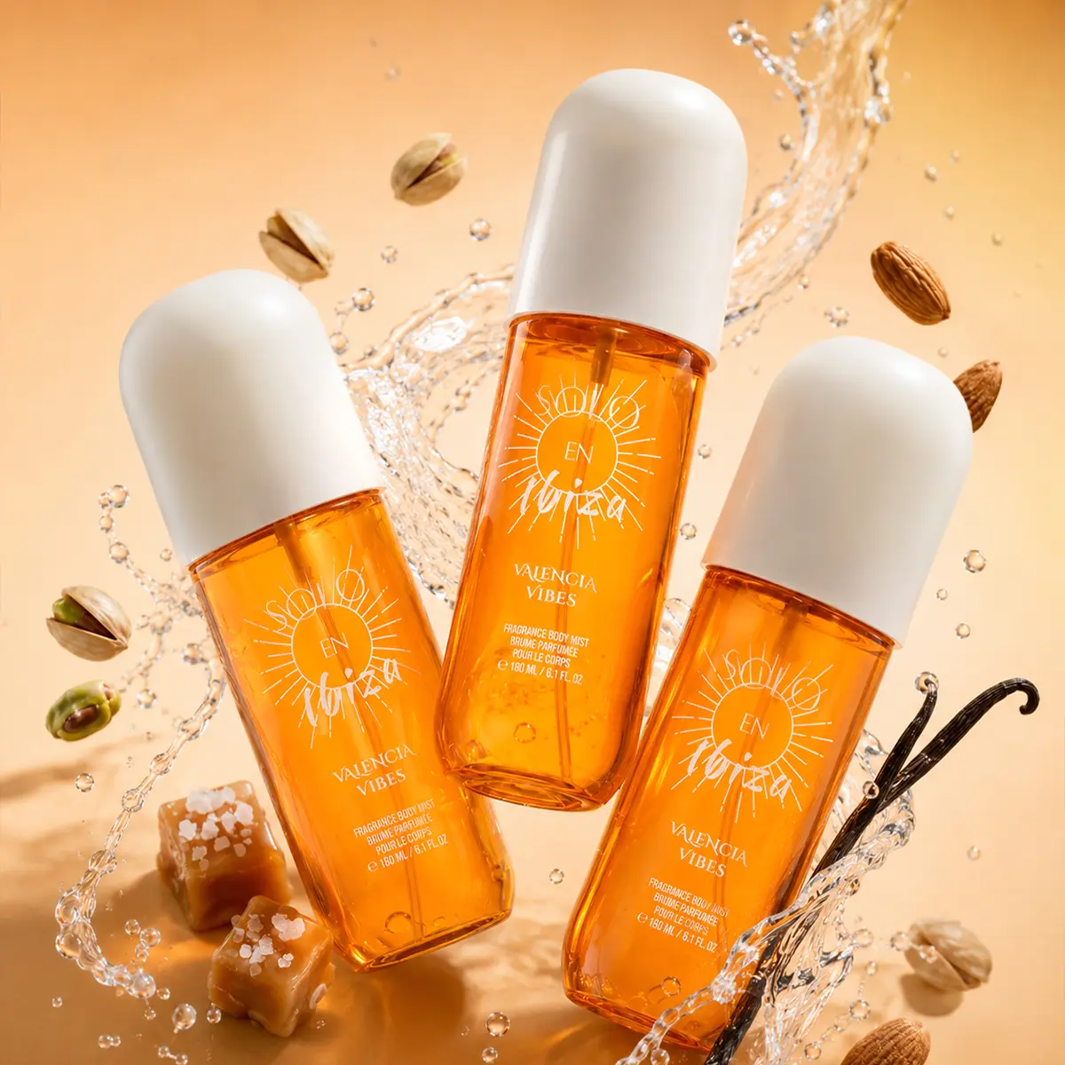 SOLO EN IBIZA Valencia Vibes Body & Hair Fragrance Mist - 6.1 fl oz Long-Lasting Gourmand Perfume with Pistachio, Salted Caramel, Sandalwood & Vanilla, Fresh Scents, Cruelty Free, Multi-Pack Compatible Hair Tips & Cloths Accessory, Fragrances Cosmetics, B