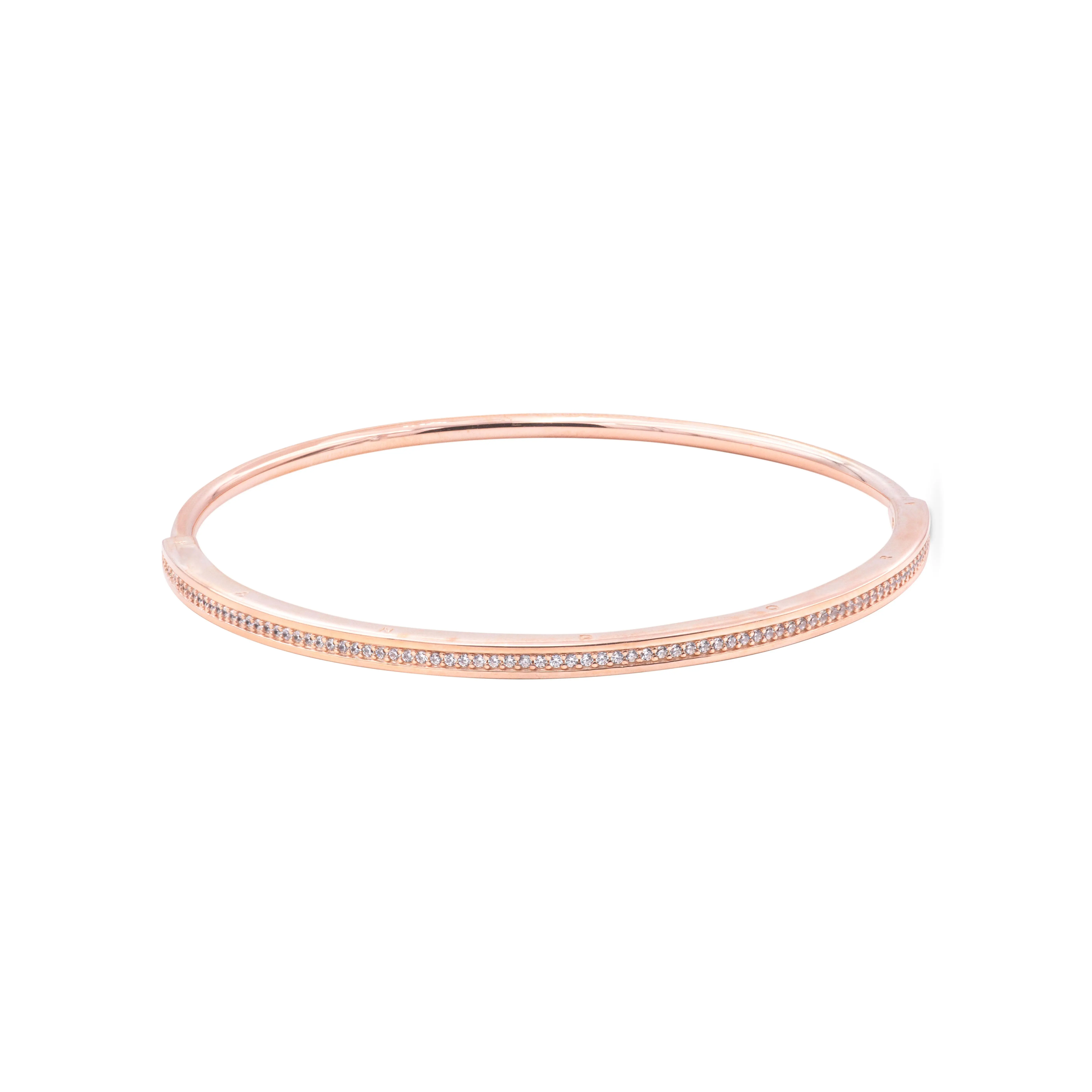 Women's PANDORA Signature I-D Bangle, 14-Karat Rose Gold Plated Stackable Silver Bracelet with Pavé Detail and Subtle Sparkle, Elevate Your Outfit