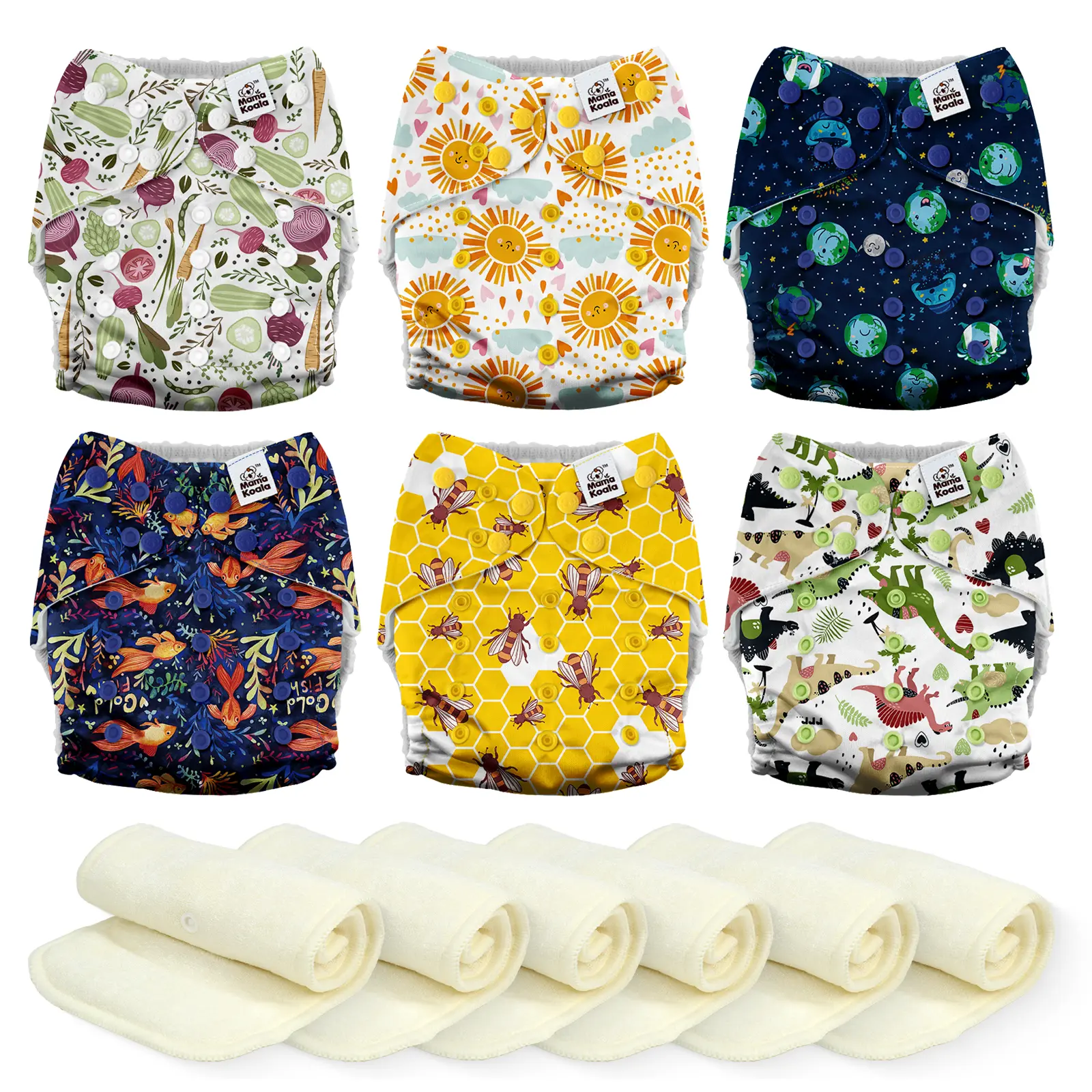 Mama Koala 3.0 Unisex 1-Size Pocket Cloth Diapers for Newborns with AWJ Lining, 6-Pack with 6 4-Layer Bamboo Poly Inserts - Reusable, Washable, Snappy Fit (906A), Newborn, One Size