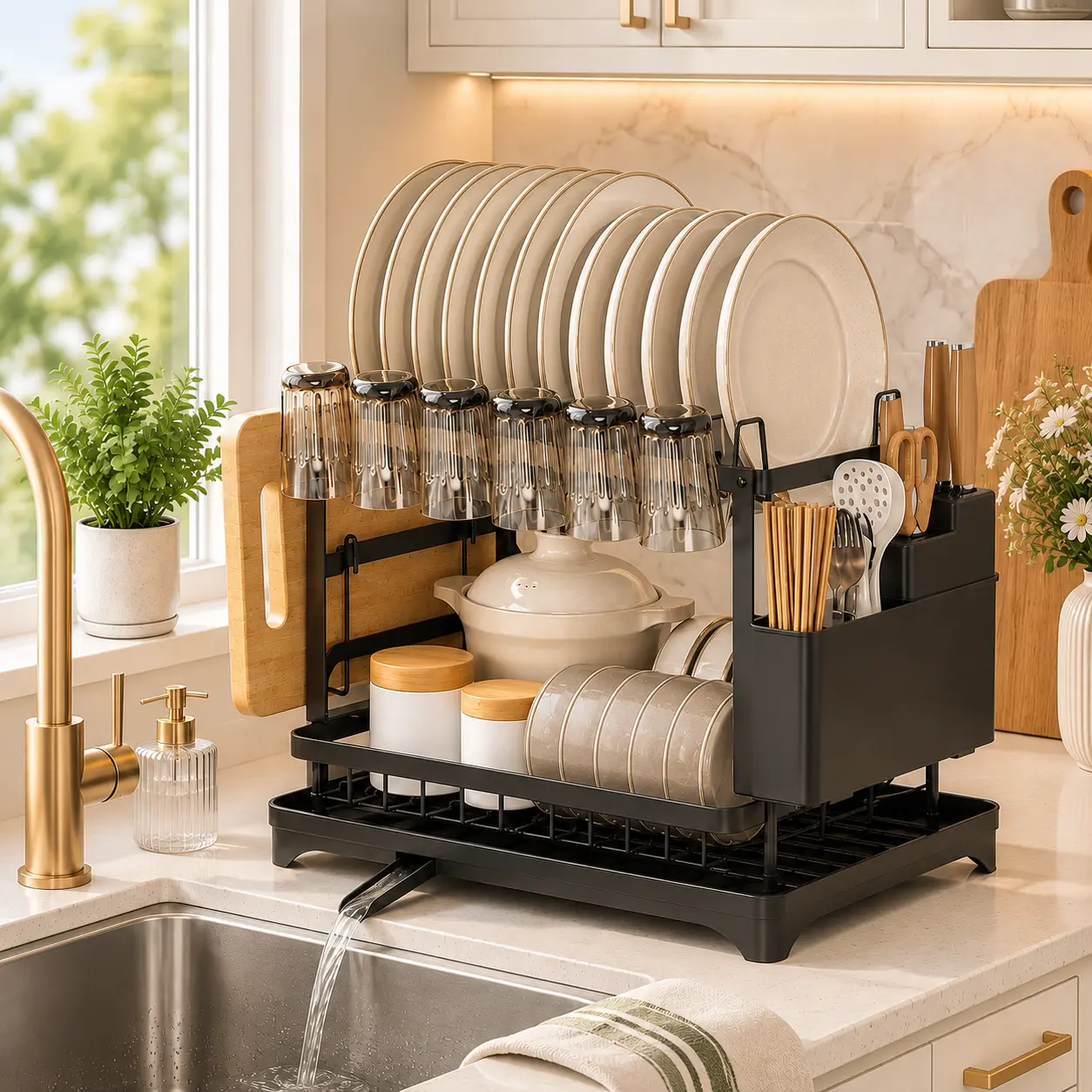 2-Layer Rectangle Kitchen Organization Rack - Single Unit Space-Saving Countertop Storage with Drainboard for Plates, Bowls, Cups, Utensils and Cutting Board Storage