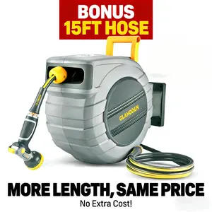 GLAHODEN Retractable Hose Reel,100FT plus an extra 15 feet（115FT）， Various specifications, 100'x1/2" 180° Swivel with 9-Pattern Nozzle, Automatic Rewind, Lock at Any Length, Slow Return System