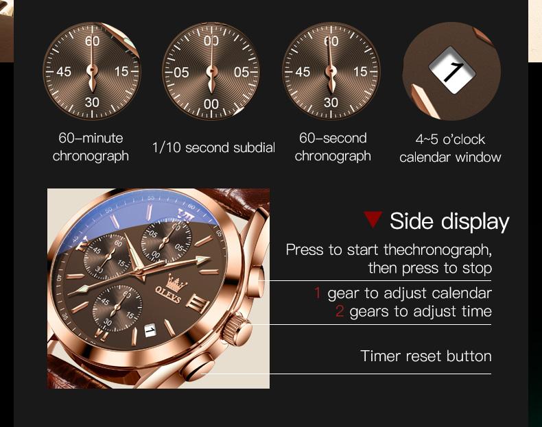 【Valentines Gift Ideas For Boys】OLEVS Watch for Men Leather Casual Chronograph Analog Dress Strap Waterproof Luminous Fashion Easy to Read Gold Case Mans Watches