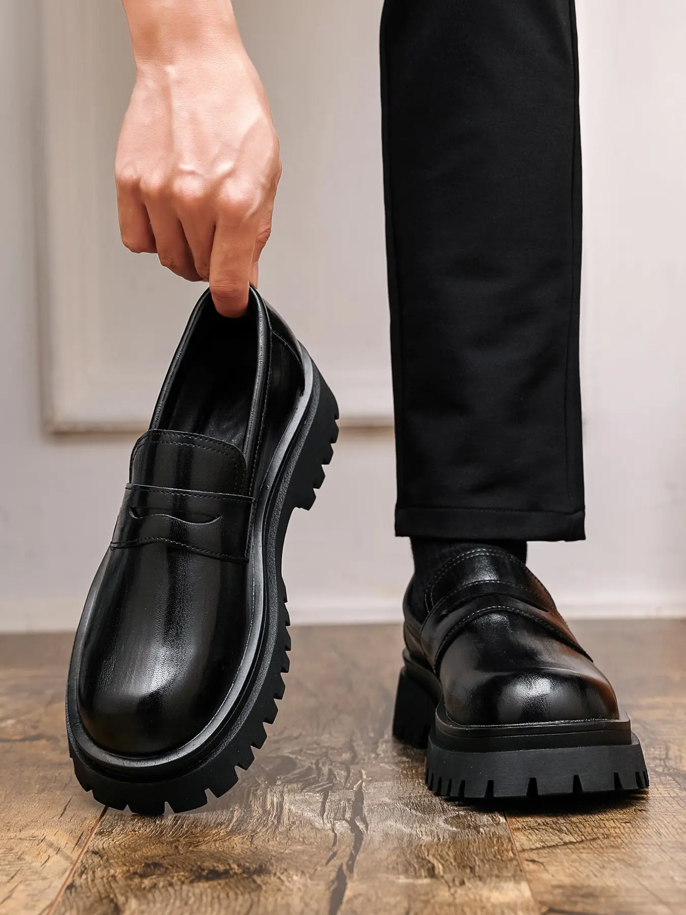 Men's Height-Boosting Thick Sole Slipon Penny Loafers, PU Leather Formal Shoes, Office Commuting Shoes, All Seasons, Suitable for Work, Office, Casual and Formal Occasions Footwear